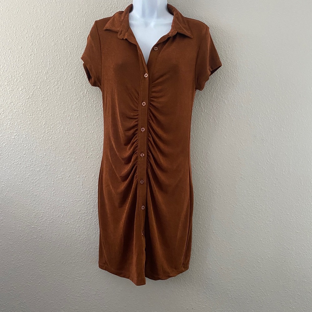 Just Polly Slinky Ruched Button Down Mini Dress Large Brown Y2K Preppy Earthy
